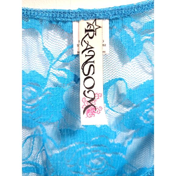 Ransom Sheer Netting Top with Fleur de Lis Design Blue Size Large Short Sleeve - Picture 3 of 5